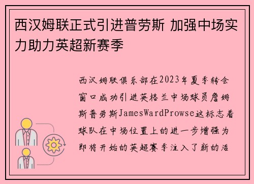 西汉姆联正式引进普劳斯 加强中场实力助力英超新赛季